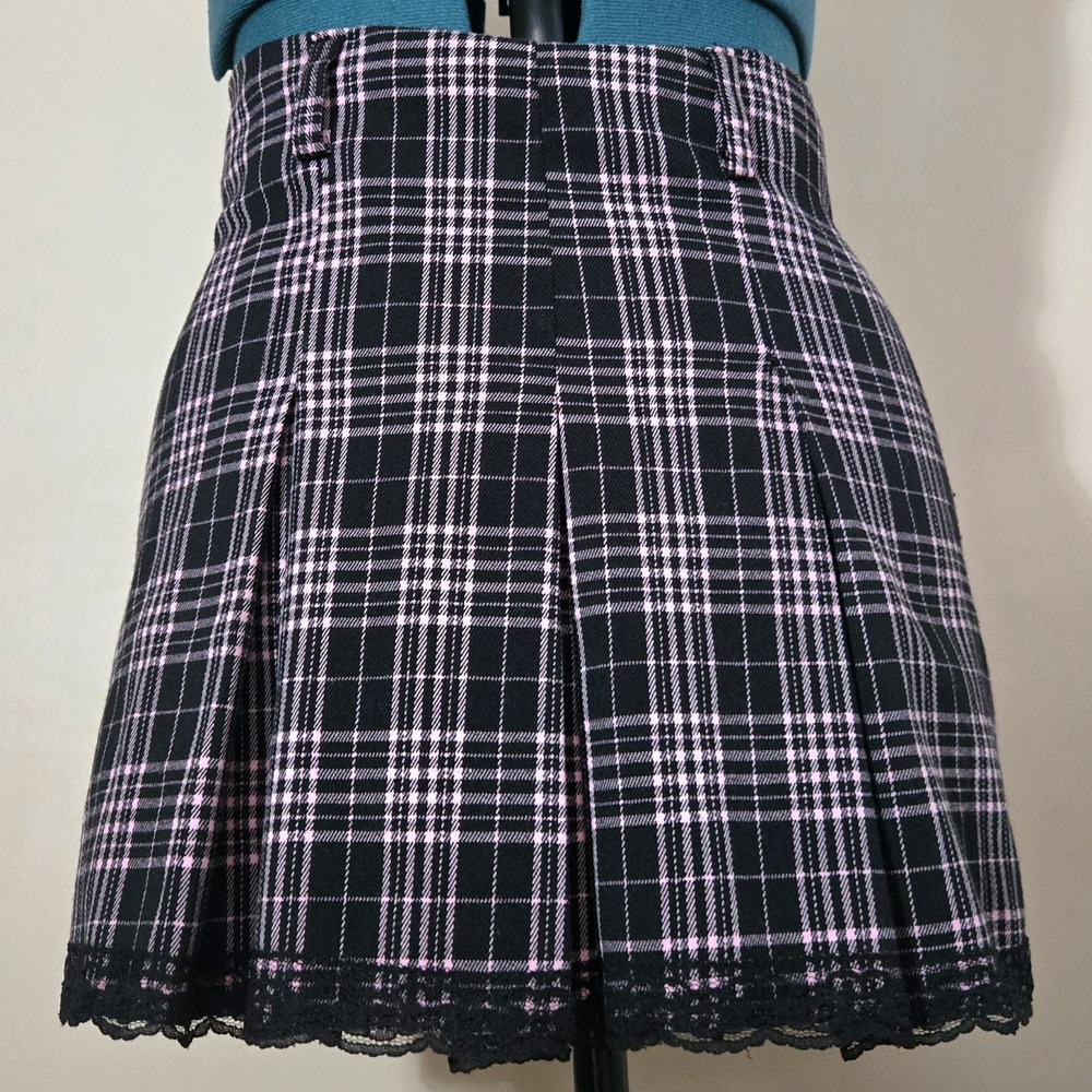 VINTAGE 90s Street Code Pink & Black Plaid Lace-Trim Mini Skirt Emo Goth